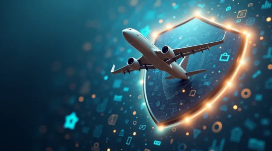 Visual symbolism of aviation insurance showing an airplane flying over a protective shield with financial symbols