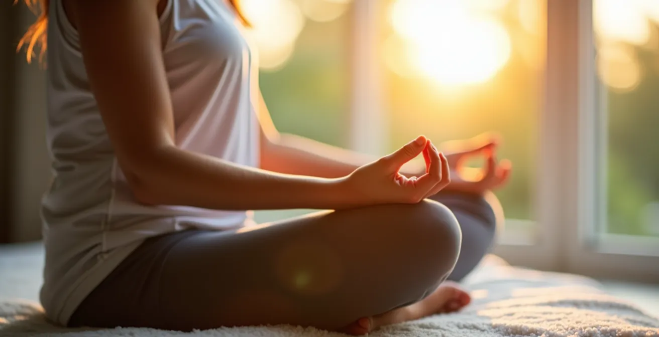 Image of a person sitting calmly in natural light, practicing mindfulness during knee surgery recovery