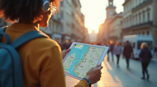 A diverse traveler engaging smart city sightseeing using digital tools on a tablet with iconic landmarks in the background