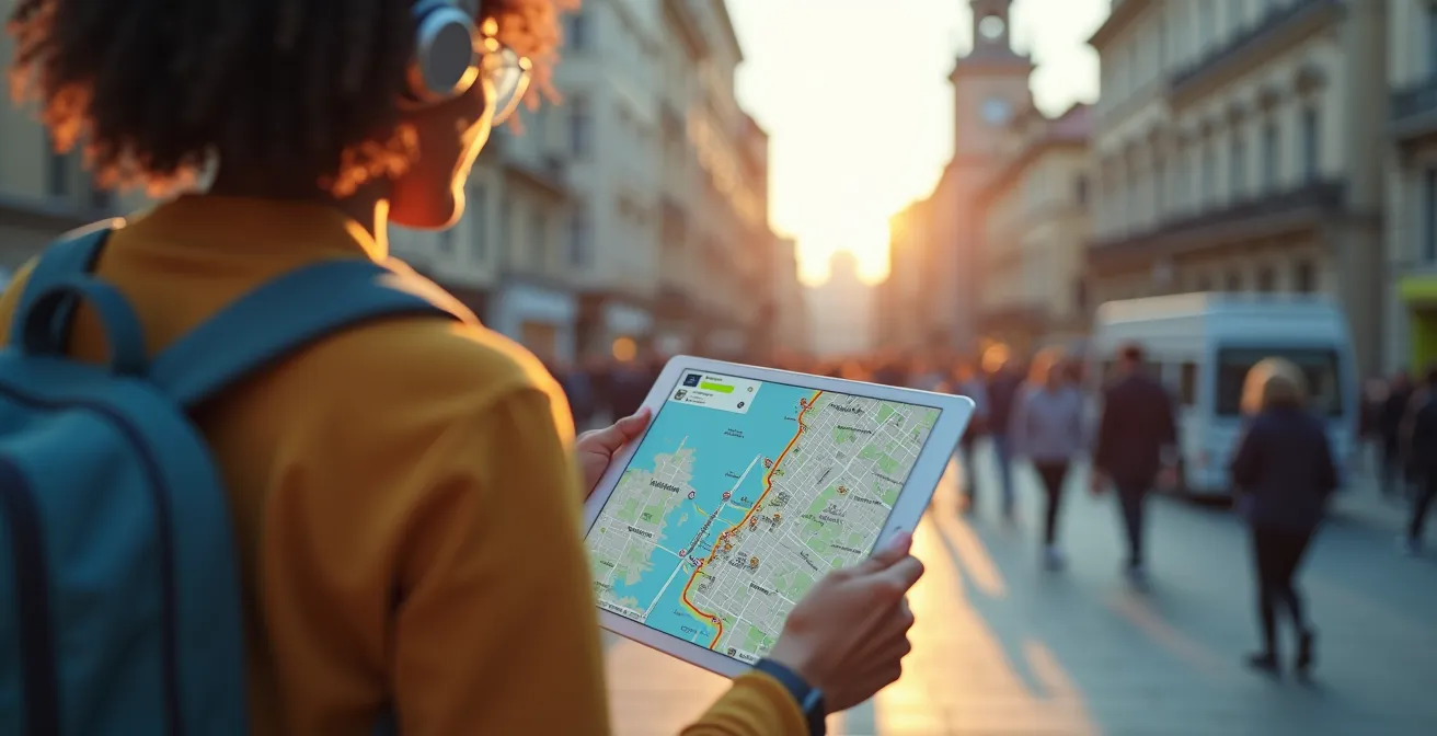 A diverse traveler engaging smart city sightseeing using digital tools on a tablet with iconic landmarks in the background