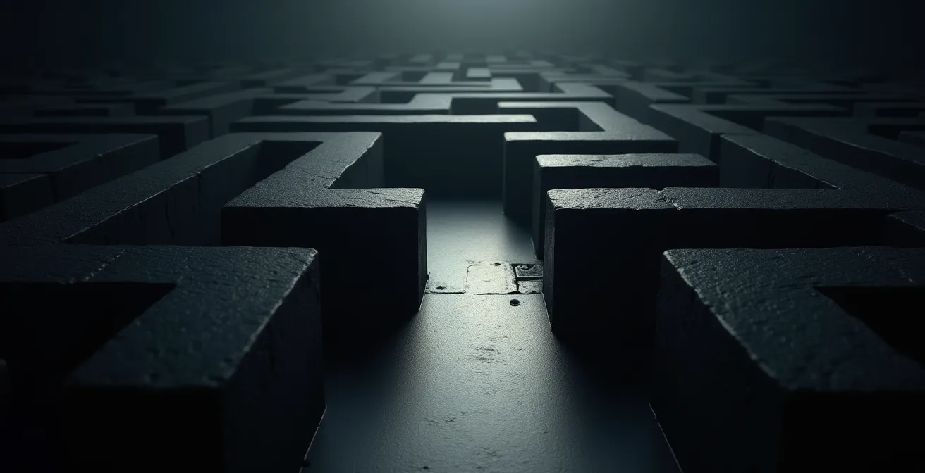 A symbolic maze with a clear path illuminated to represent careful planning through complex moving logistics.