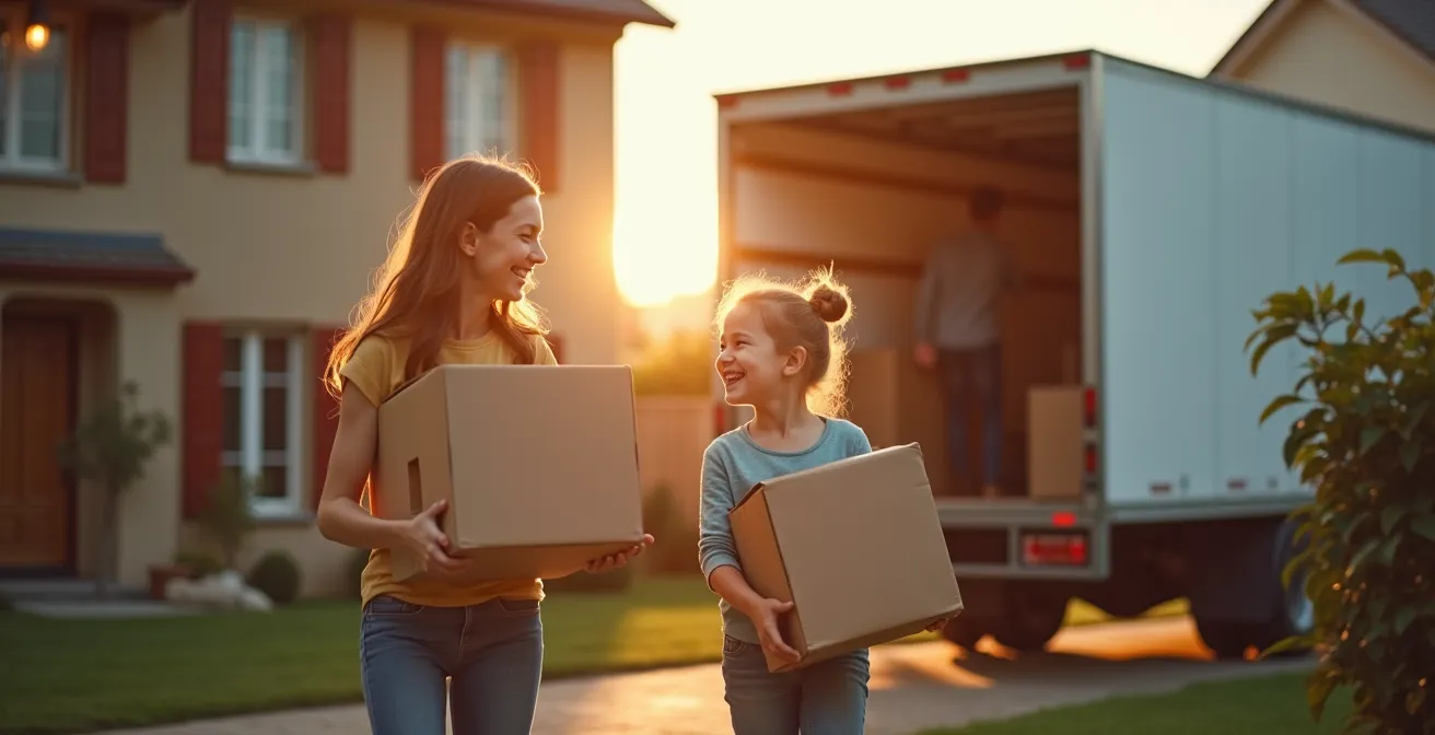 Une famille heureuse en train de déménager dans une nouvelle maison avec des cartons, un camion de déménagement en arrière-plan, sous un ciel clair, symbolisant une transition immobilière bien planifiée