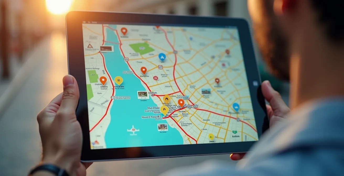 Top-down digital city map on tablet with highlighted personalized routes and points of interest