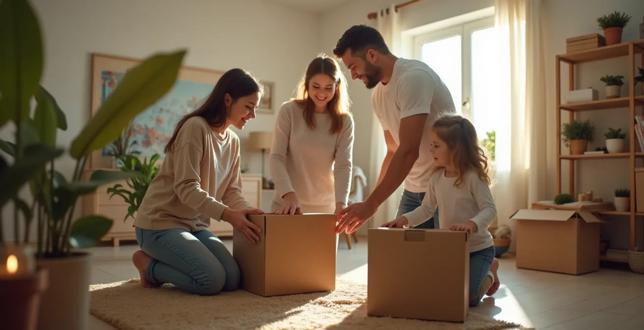 Famille calme s'entraidant dans l'emballage de cartons avec un environnement apaisant