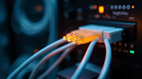 Editorial style photo of modern fiber optic cables brightly lit with subtle reflections, arranged in a clean and symmetrical composition with negative space, symbolizing connectivity and advanced telecom infrastructure.