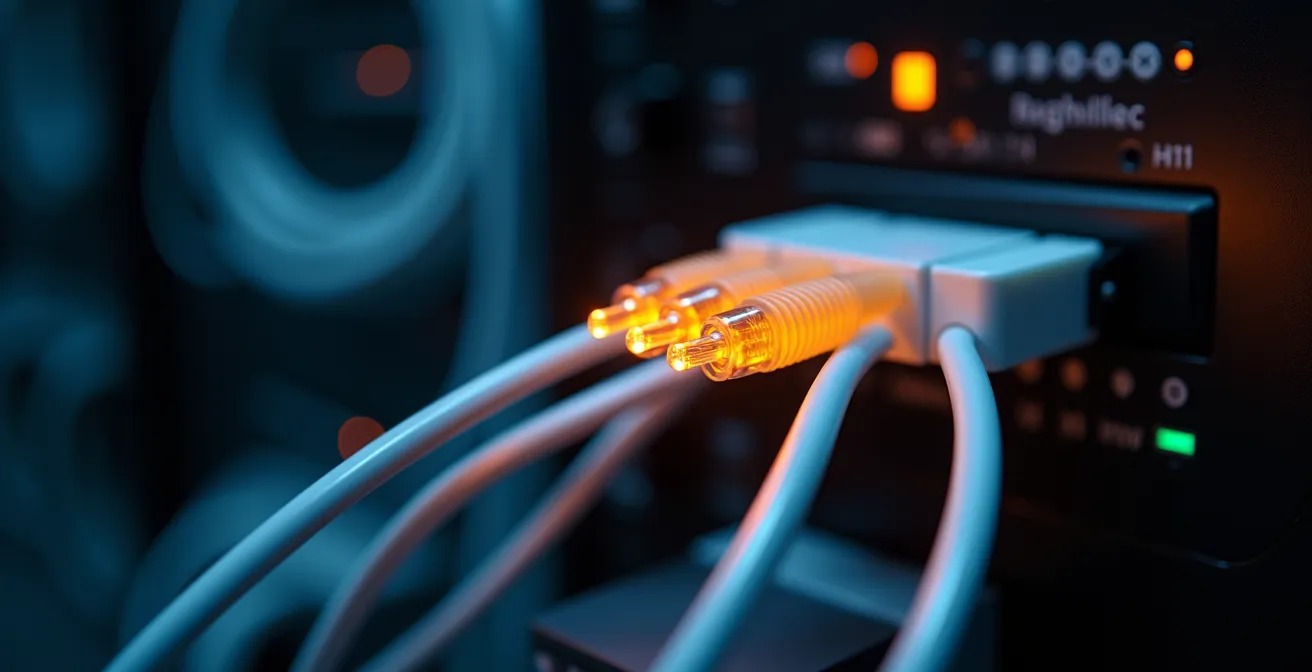 Editorial style photo of modern fiber optic cables brightly lit with subtle reflections, arranged in a clean and symmetrical composition with negative space, symbolizing connectivity and advanced telecom infrastructure.