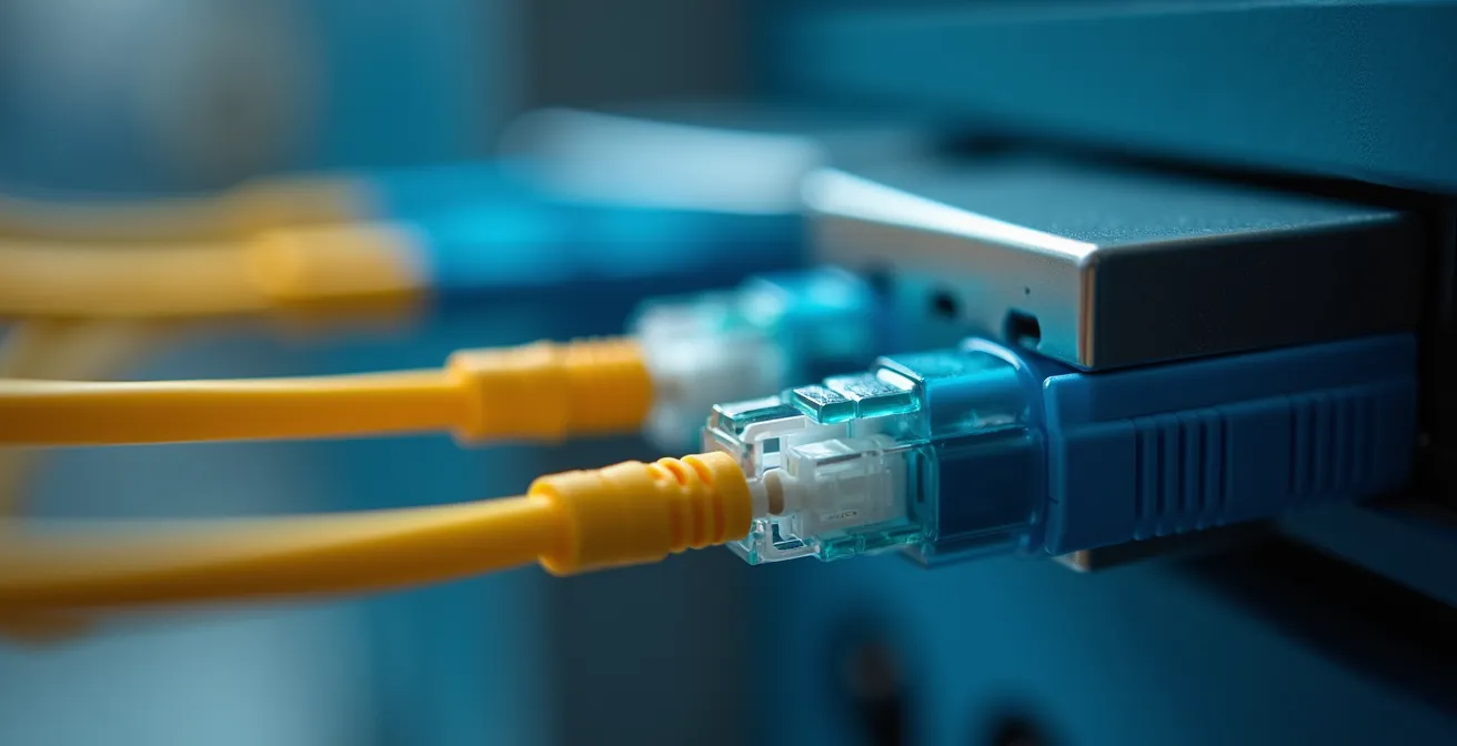 Close-up of fiber optic cable connectors with detailed texture and lighting emphasizing security and resilience.