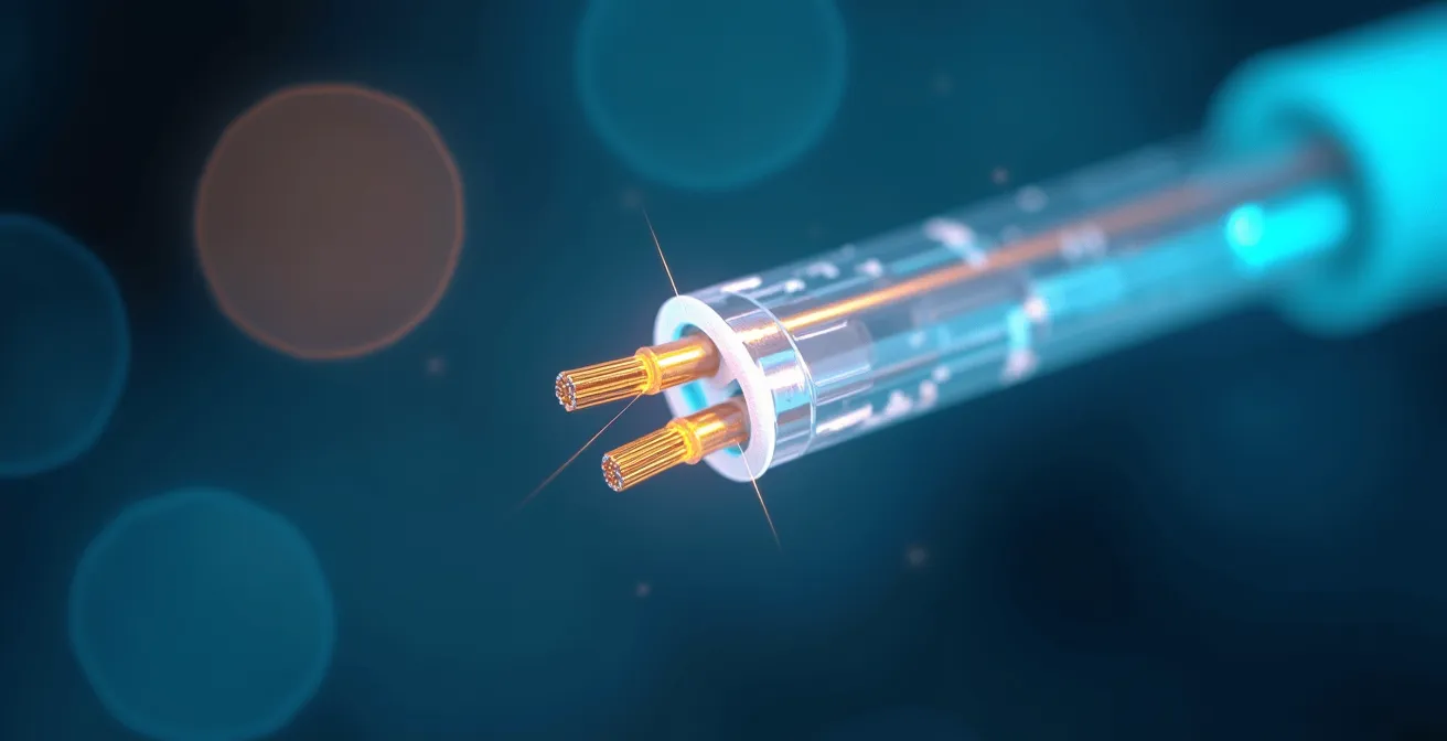 Extreme close-up macro photograph of fiber optic cable ends showing detailed light transmission and texture, symbolizing cutting-edge technology.