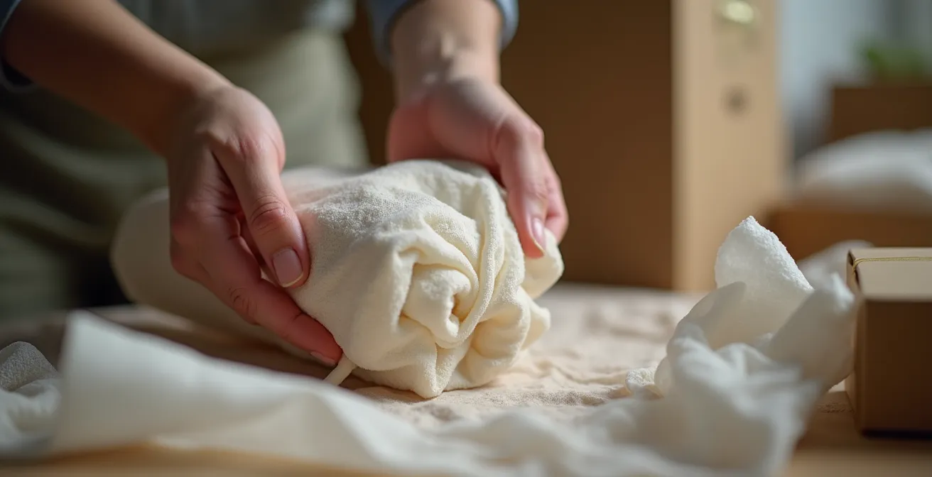 Close-up shot of hands professionally packing a fragile antique in protective layers with soft lighting.