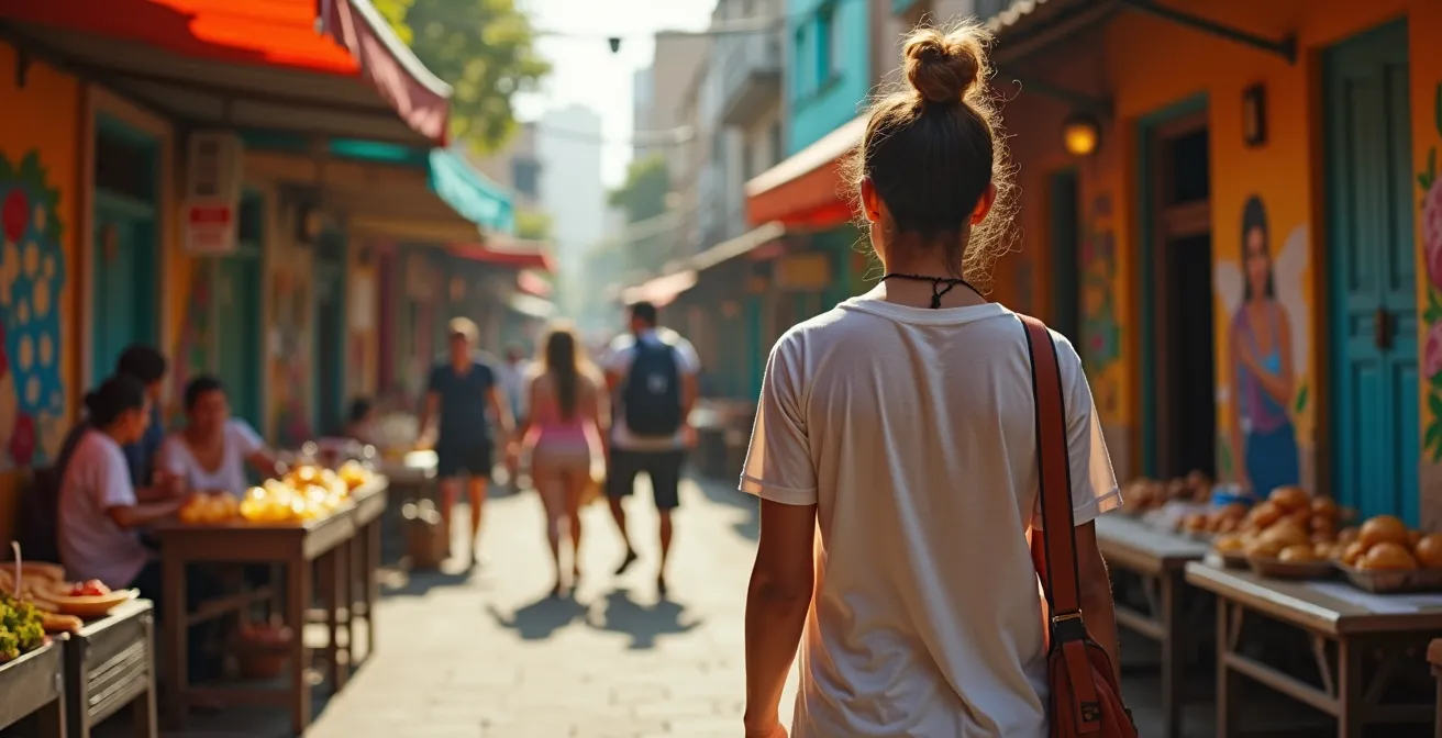 Traveler enjoying a casual stroll through a vibrant neighborhood with street food and local art