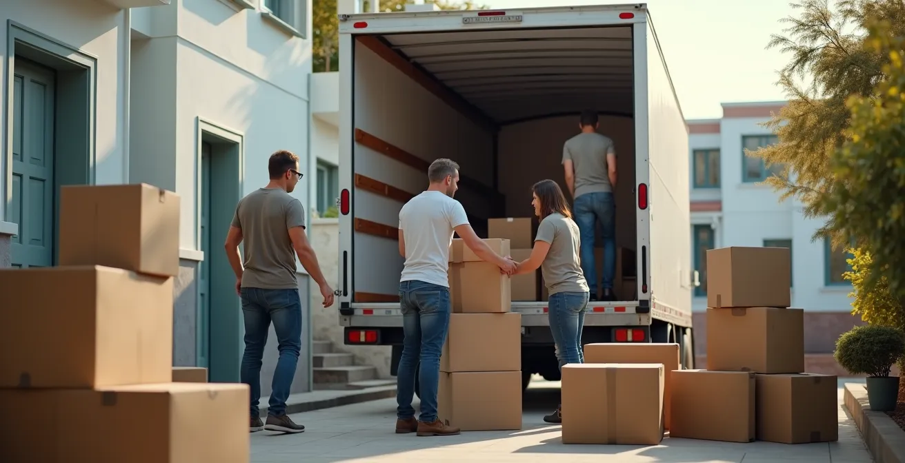 Camion de déménagement professionnel avec personnel en action soigneuse et coordination