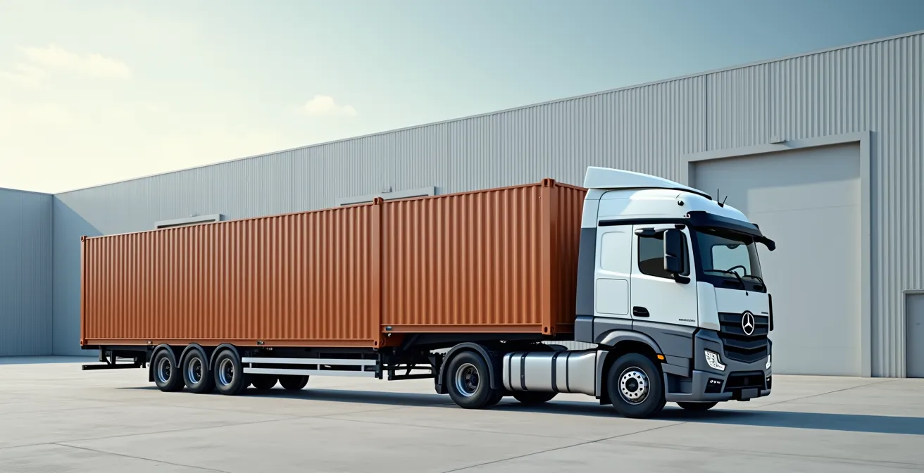 Wide shot of a moving truck parked in a clean industrial area with neatly stacked containers and ample negative space.