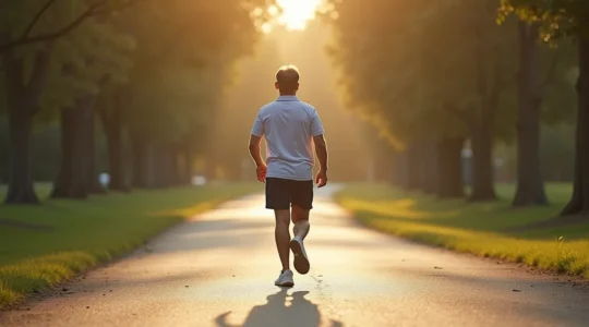 A realistic editorial photo of a middle-aged person walking outdoors post partial knee replacement with controlled lighting and natural surroundings