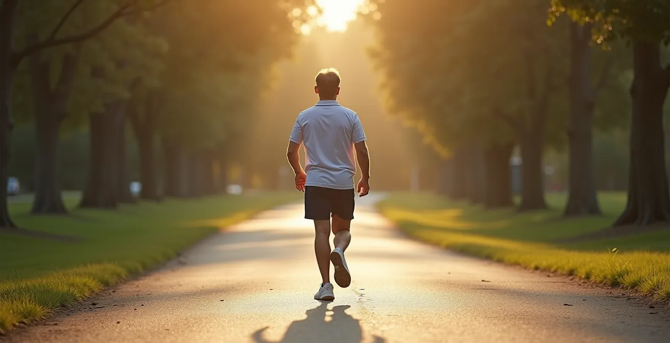 A realistic editorial photo of a middle-aged person walking outdoors post partial knee replacement with controlled lighting and natural surroundings