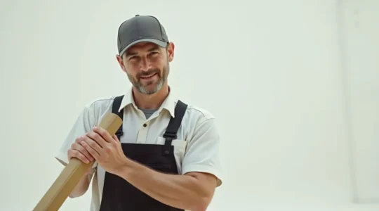 A professional mover carefully handling a large household item, with a clean and bright background showing a moving truck and empty space for text.
