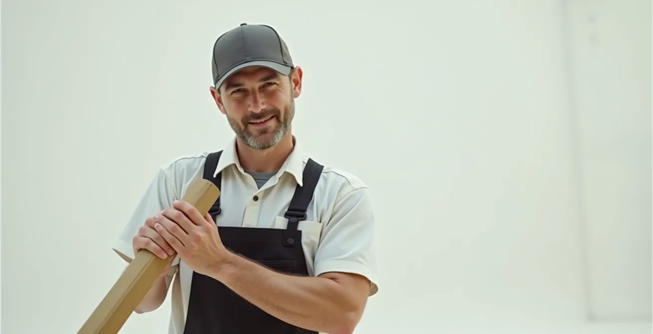 A professional mover carefully handling a large household item, with a clean and bright background showing a moving truck and empty space for text.