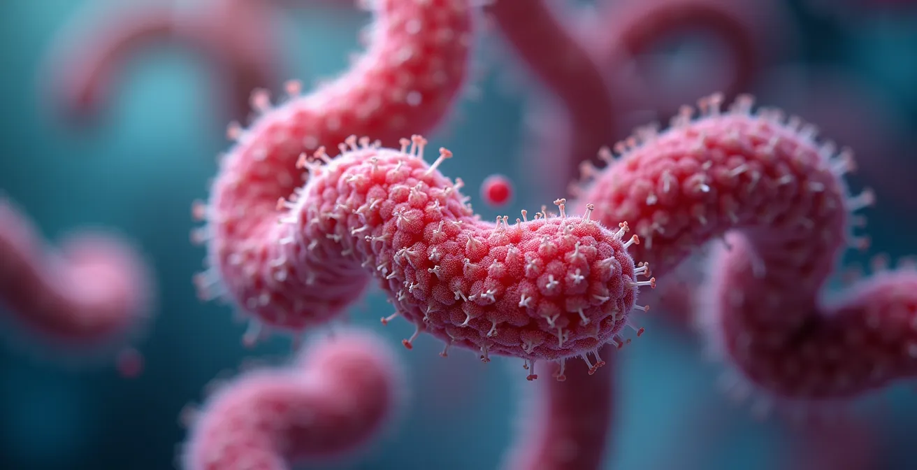 Symbolic close-up visualization of probiotics interacting with the digestive system