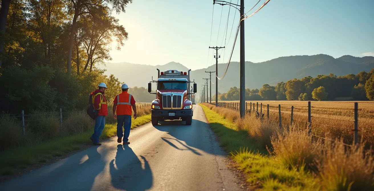 Wide shot of a fiber optic cable installation crew working in a clean urban street environment contrasting with a rural fiber installation site.