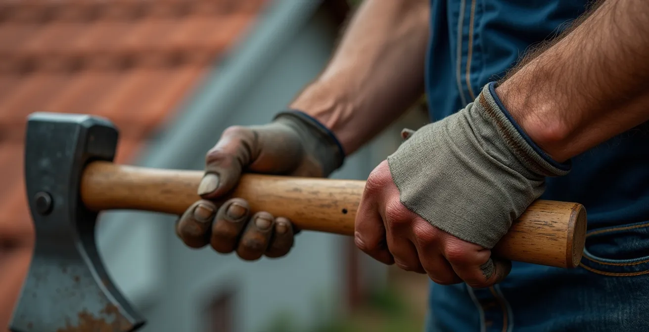 Close-up of weathered hands performing routine roofing task
