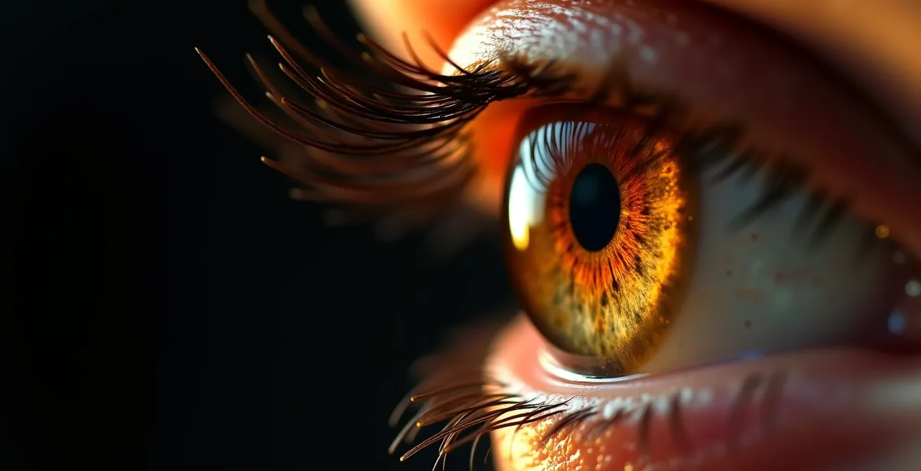 Extreme close-up of human eye iris with light reflections