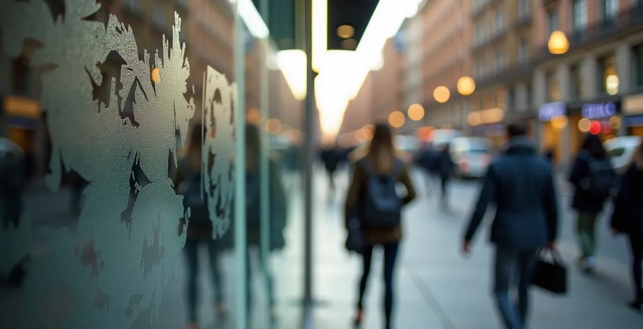 Glass storefront reflecting blurred pedestrians walking past