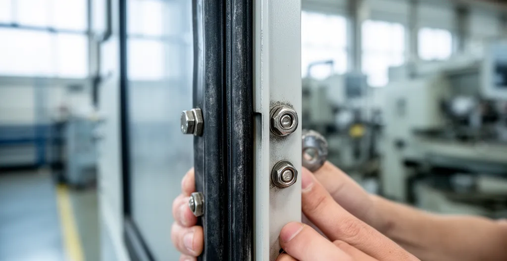 Close inspection of electrical enclosure IP-rated seal and fasteners
