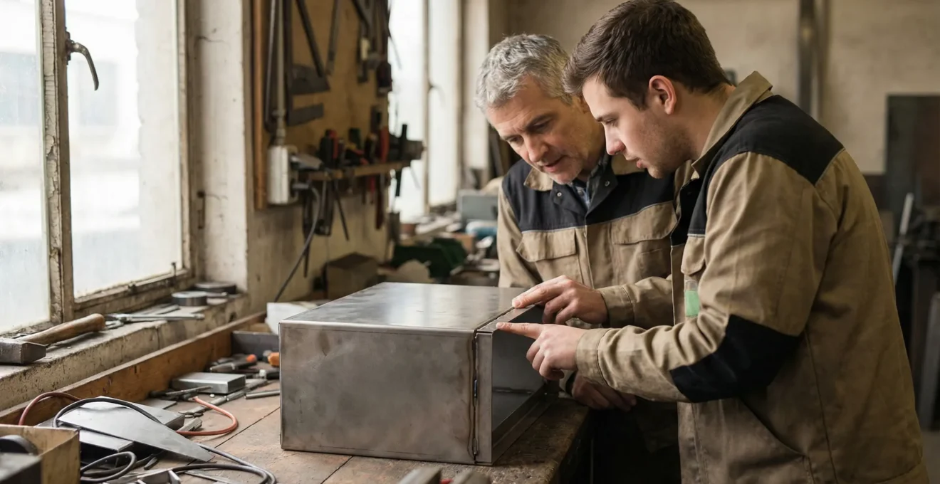 Engineers reviewing custom metal enclosure prototype in UK workshop