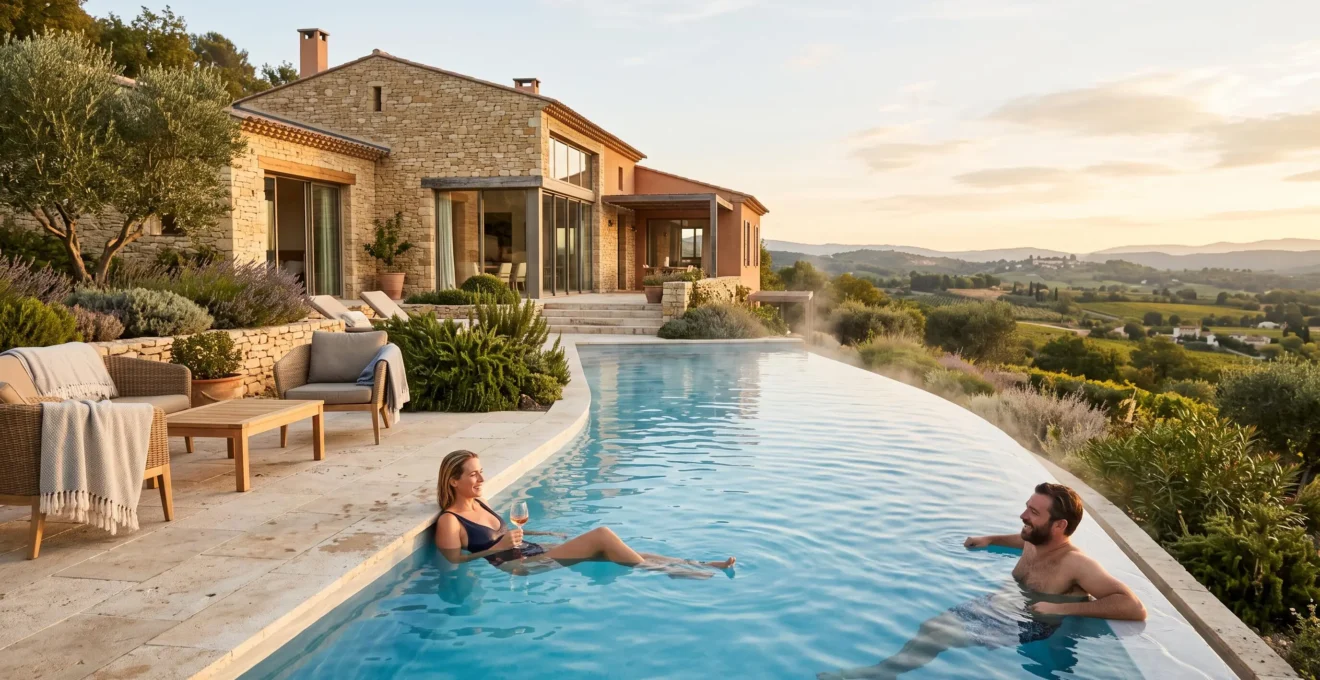 Heated outdoor swimming pool at a French luxury villa with guests enjoying the water during off-season with visible steam