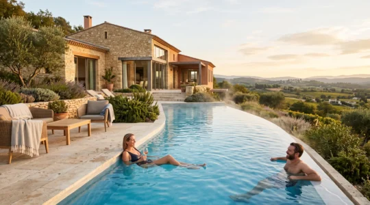Heated outdoor swimming pool at a French luxury villa with guests enjoying the water during off-season with visible steam