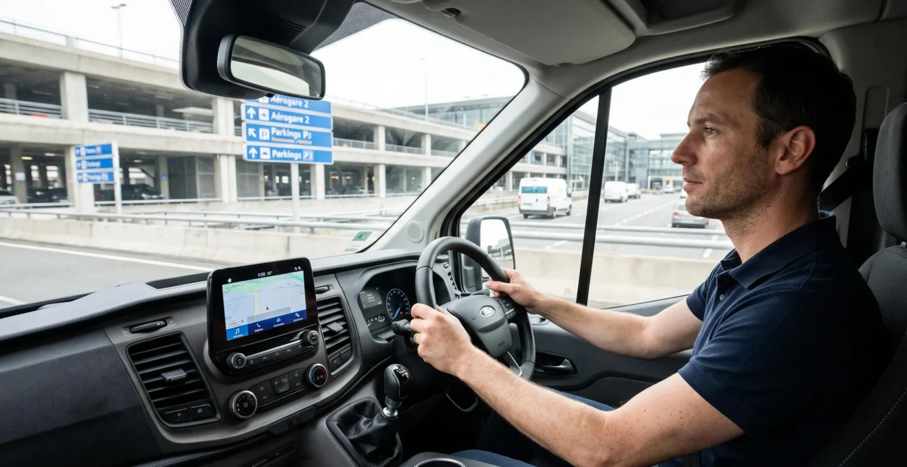 Driver operating a minibus viewed from passenger seat with airport infrastructure visible through windshield