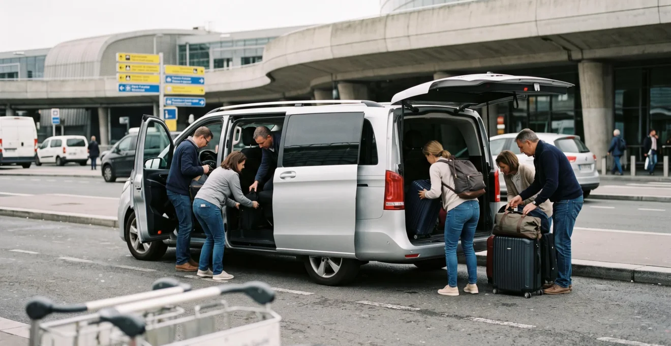 Group of passengers loading luggage into a white minibus at Paris-Charles de Gaulle airport pickup area