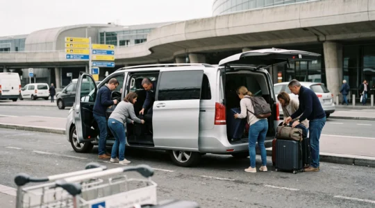Group of passengers loading luggage into a white minibus at Paris-Charles de Gaulle airport pickup area