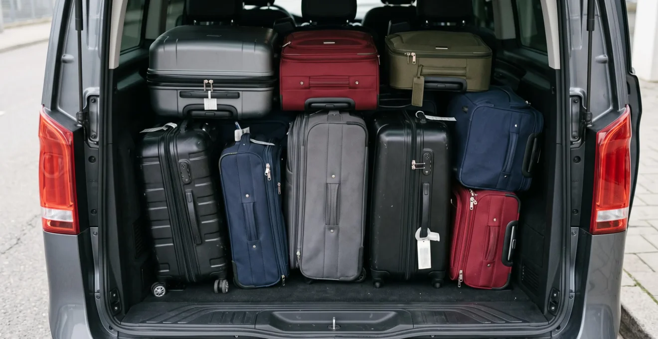 Open cargo compartment of a minibus filled with multiple suitcases showing luggage capacity