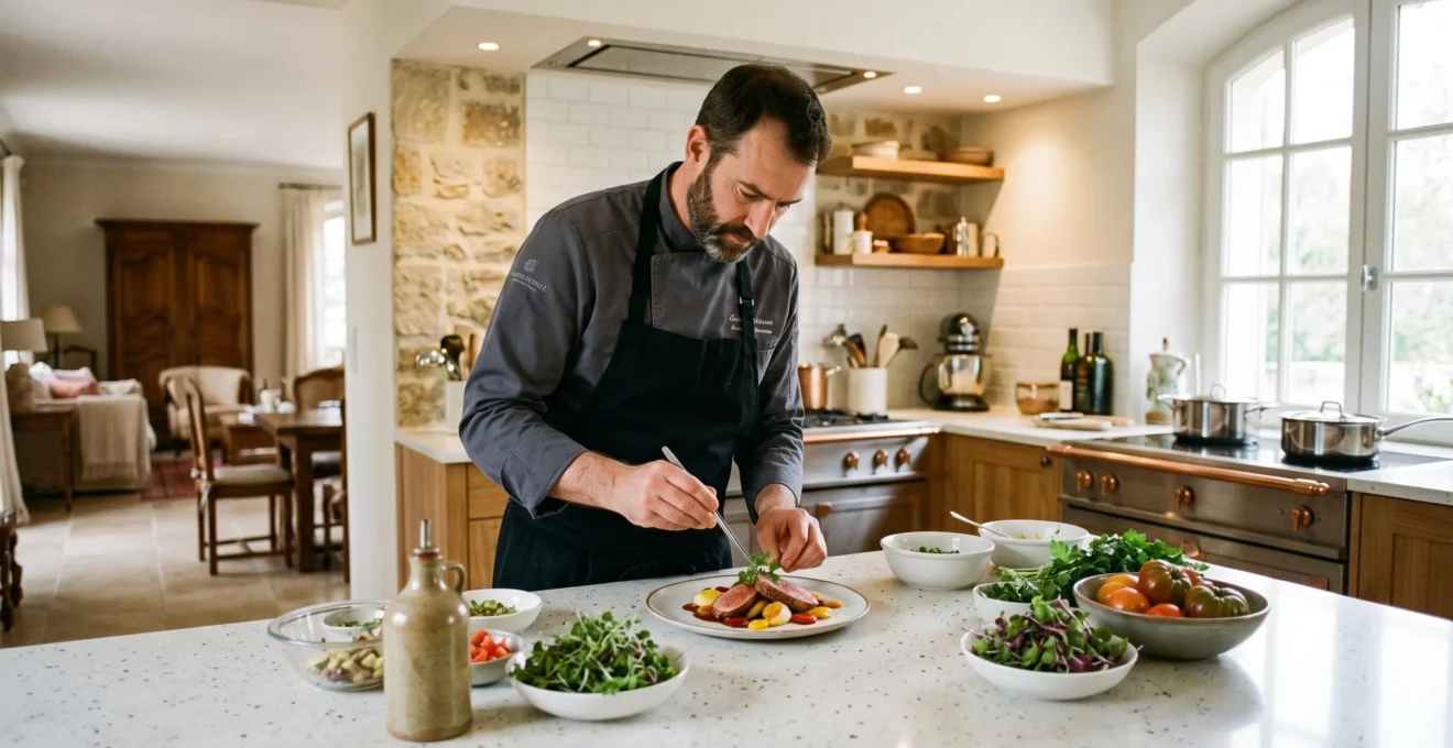Professional chef preparing fresh ingredients in the open kitchen of a luxury villa