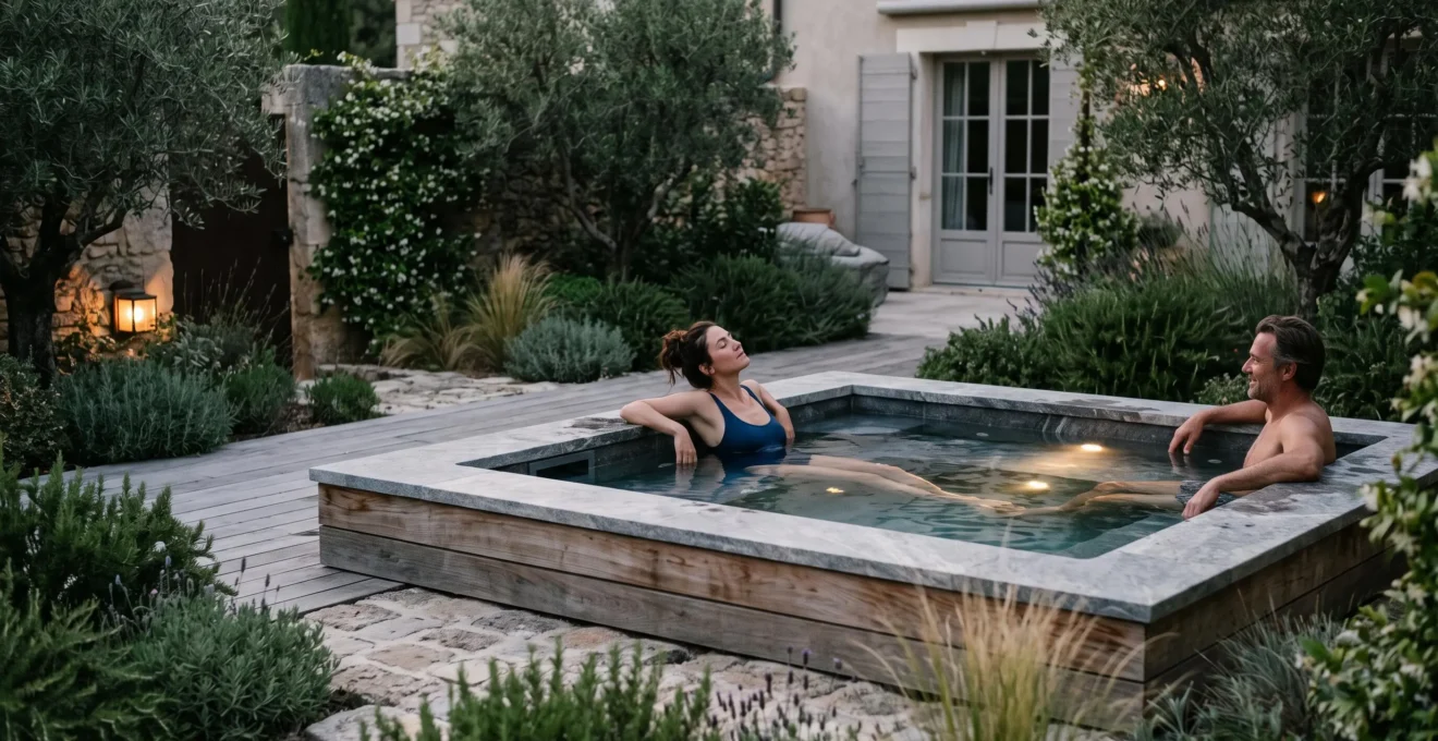 Private spa installation on the terrace of a French luxury villa with guests relaxing