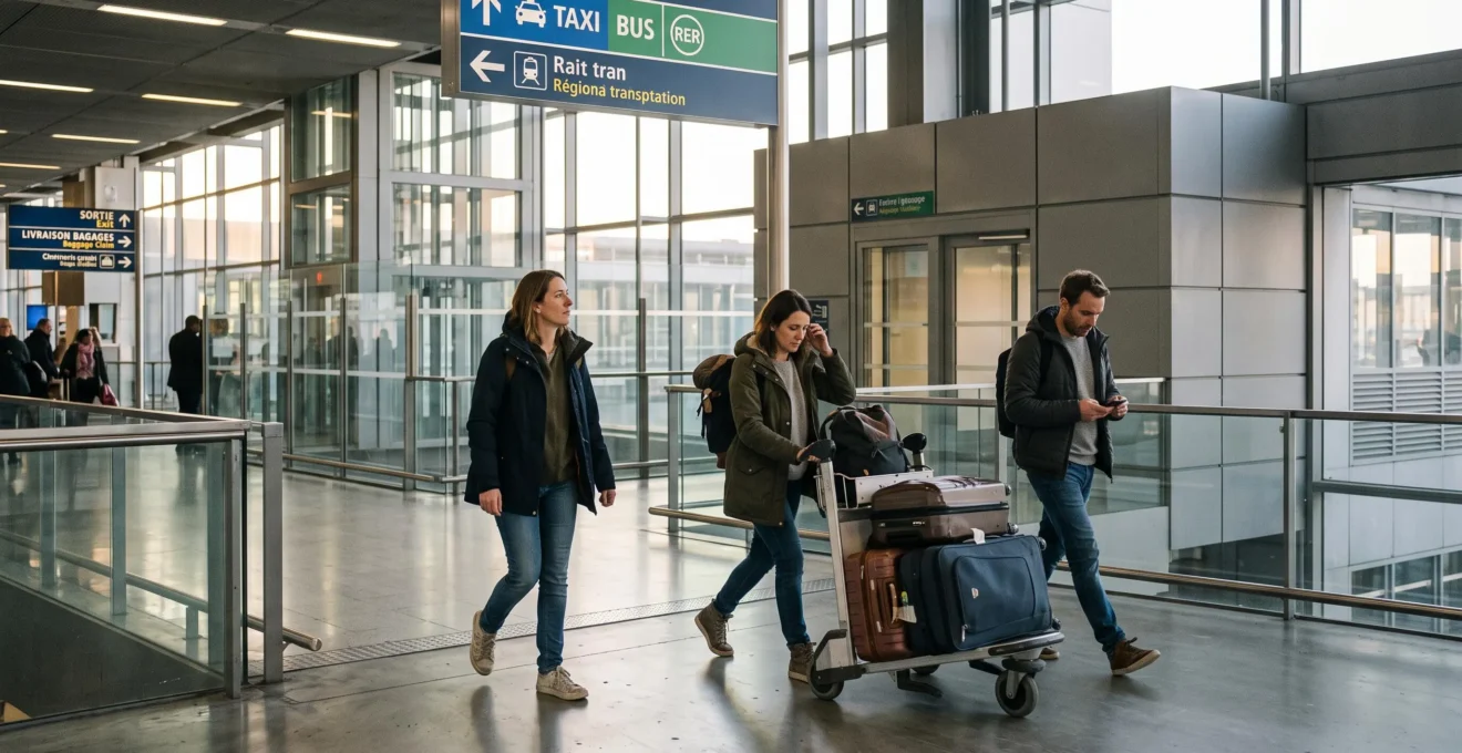Travelers with luggage trolleys navigating through Paris-Charles de Gaulle airport arrivals area