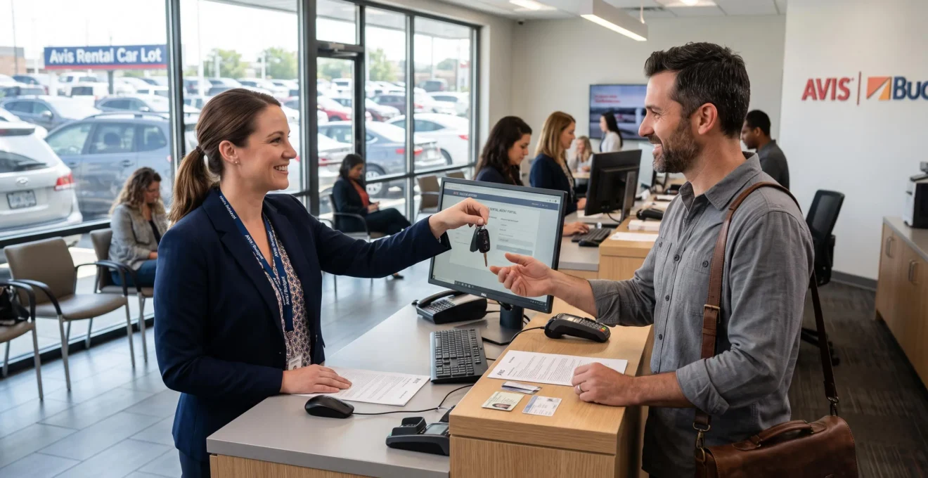 Rental agent handing car keys to customer at car rental agency counter with vehicles visible through windows