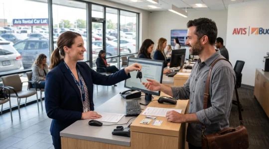 Rental agent handing car keys to customer at car rental agency counter with vehicles visible through windows