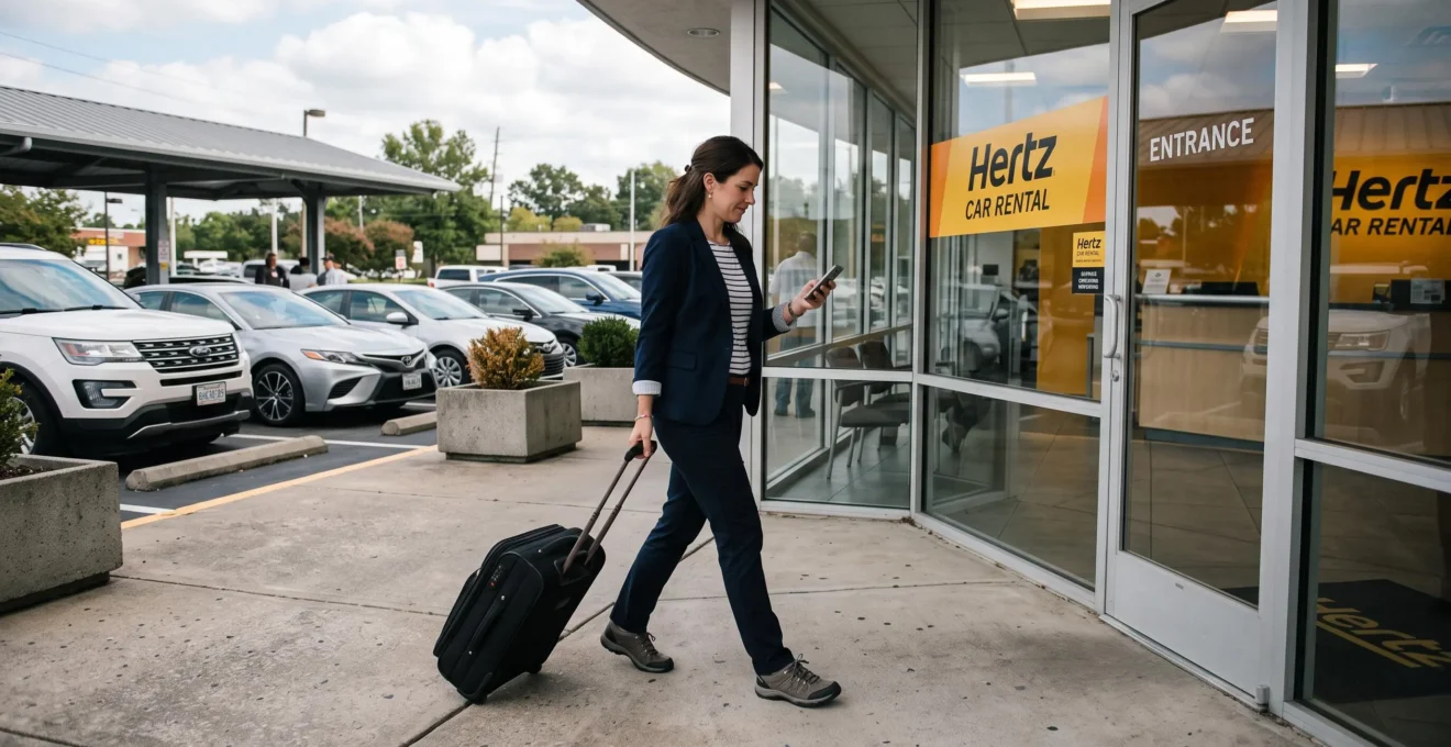 Business traveler with luggage checking smartphone while walking toward car rental agency entrance