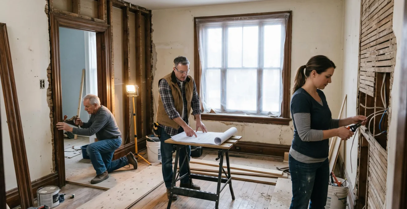Un entrepreneur coordonne un électricien et un menuisier dans une pièce en rénovation aux murs mis à nu.