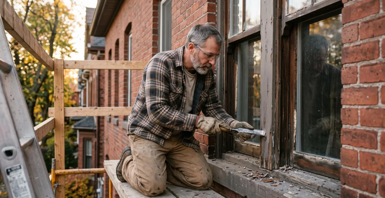 Un entrepreneur restaure le cadre original d'une fenêtre en bois sur la façade de briques rouges d'une maison patrimoniale à Ottawa.