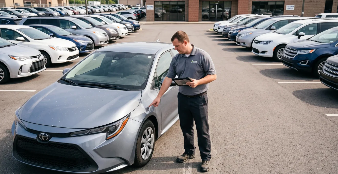 Fleet coordinator inspecting rental vehicle exterior in parking lot with tablet while multiple vehicles are arranged in background