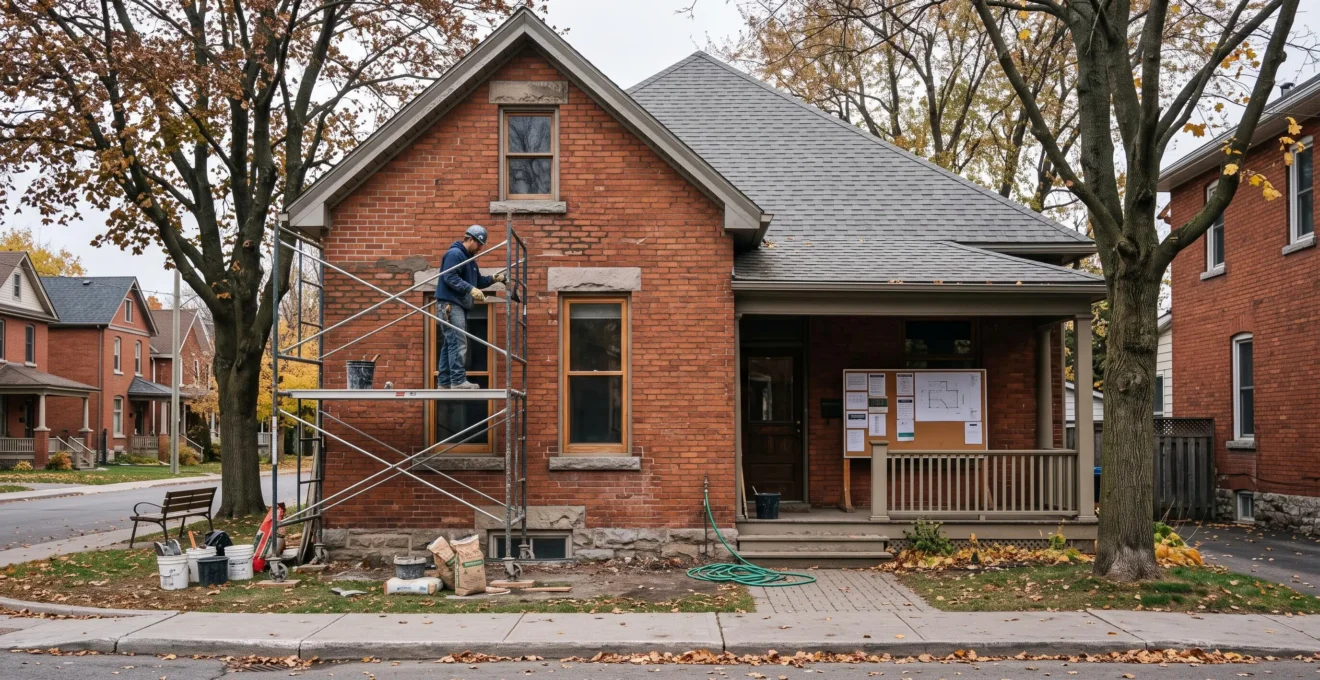 Un maçon sur échafaudage rejointoie le mur de briques rouges d'une maison patrimoniale dans un quartier résidentiel d'Ottawa.