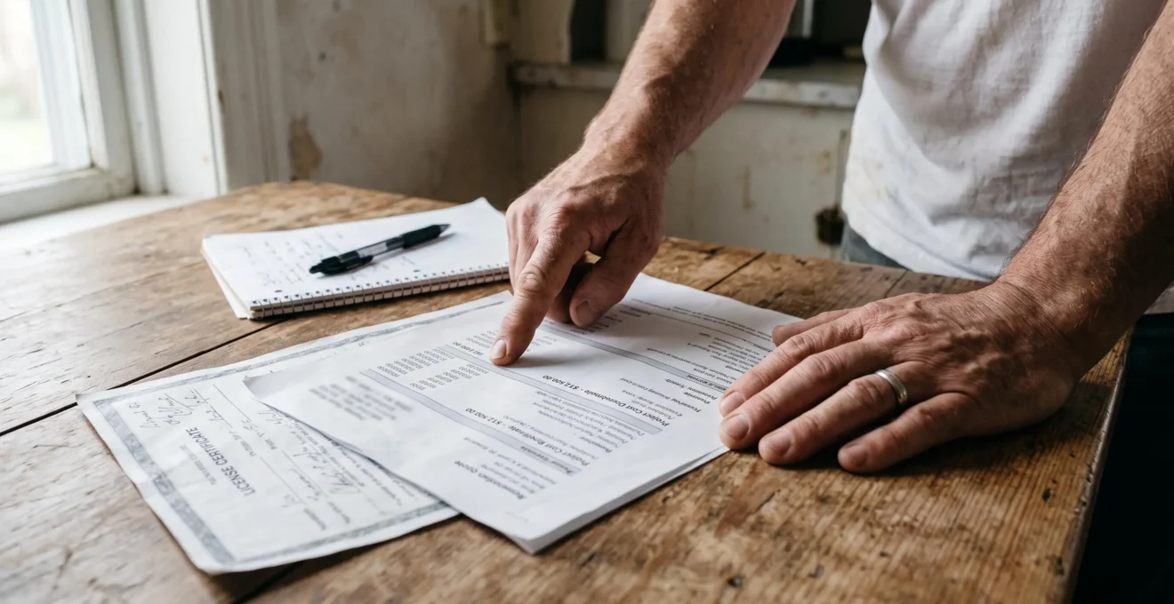 Des mains examinent un devis de rénovation imprimé posé sur une table en bois dans une maison ancienne.