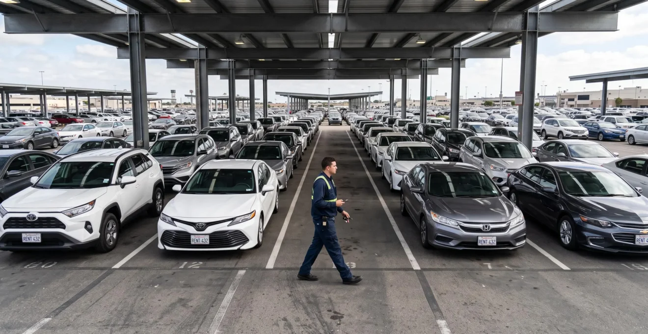 Organized rows of rental vehicles in fleet preparation area with attendant managing vehicle readiness