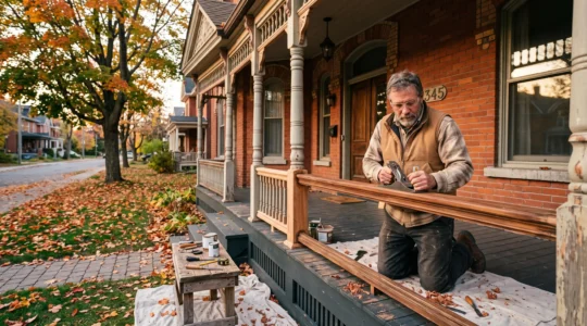 A contractor restores original wood trim on the porch of an old Ottawa brick house.